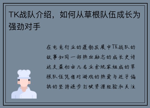 TK战队介绍，如何从草根队伍成长为强劲对手